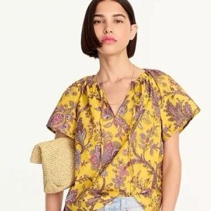 J. Crew Collection Tie-Neck Poplin Ratti Golden Paisley Short Sleeve M